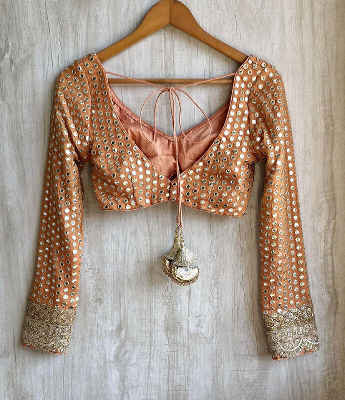 Embroidered Georgette Deep V Neck Blouse Long Sleeves