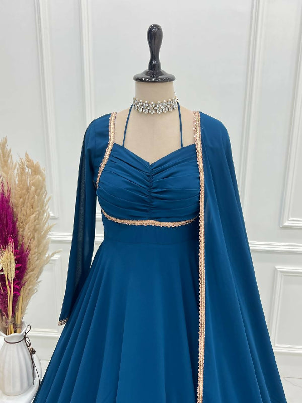 Blue pleated choli style flaired anarkali gown with dupatta