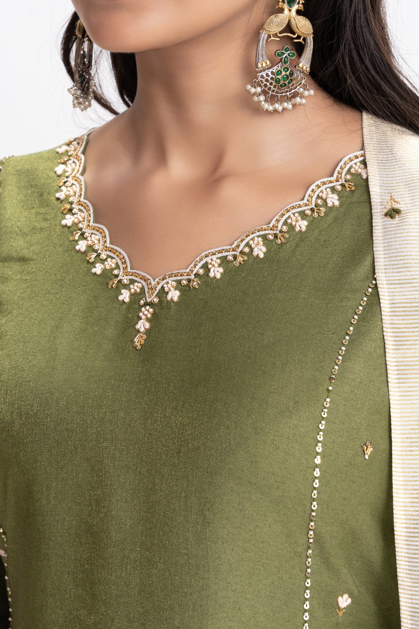 CHANDERI DOUBLE KALI EMBROIDERED KURTA PANT SET