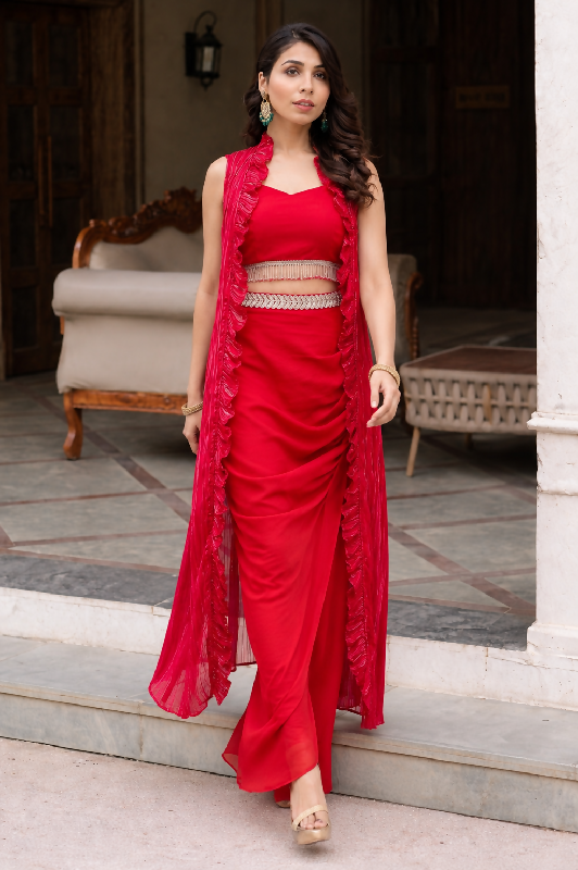 Red pink indo western top with dhoti skirt and shrug cape set