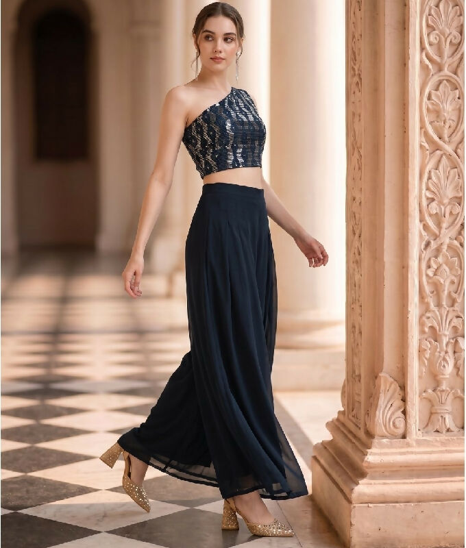 Blue indo western one shoulder top with palazzo