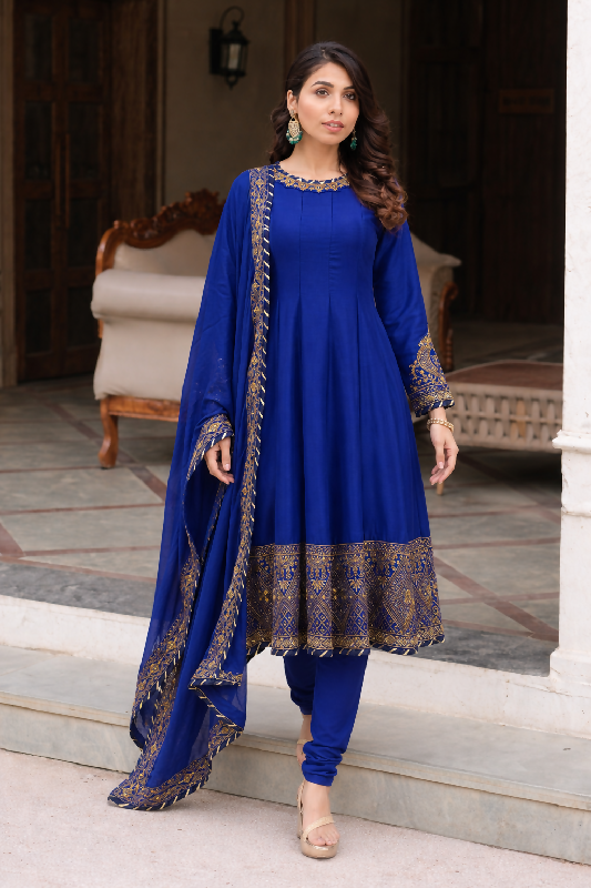 Blue anarkali suit with pent and dupatta set
