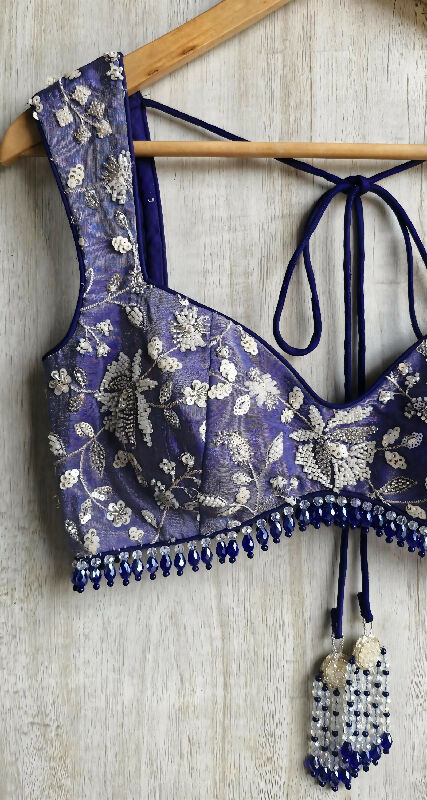 Blue Embroidered Tissue Silk Saree Blouse. Deep Sweetheart Neck Bralette DVBL_489