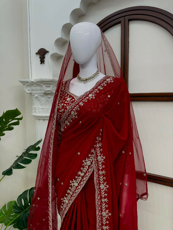 Red bridal fancy saree with blouse and dupatta 3pc set