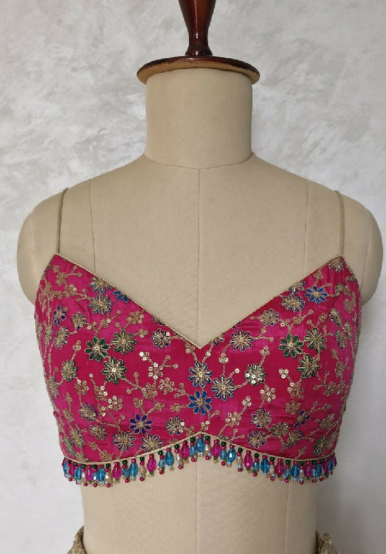 Magenta Pink Embroidered Crepe Silk Deep V Neck Blouse