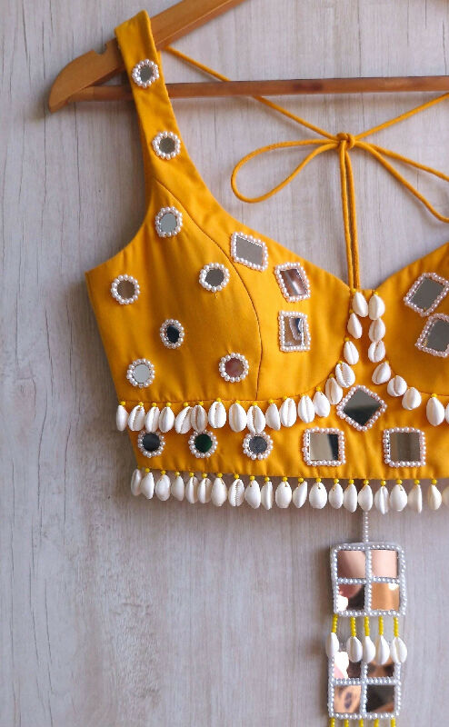 Amber Yellow Rayon Cotton Blouse, Mirror Embroidered Semi Sweetheart Neckline