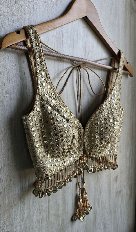 Champagne Gold Saree Blouse, Tissue Silk Sweetheart Neck, Mirror Fringes
