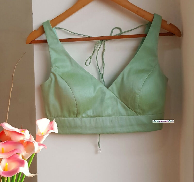 Mint Green Blended Raw Silk Deep V Neck Blouse