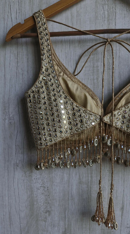 Champagne Gold Saree Blouse, Tissue Silk Sweetheart Neck, Mirror Fringes