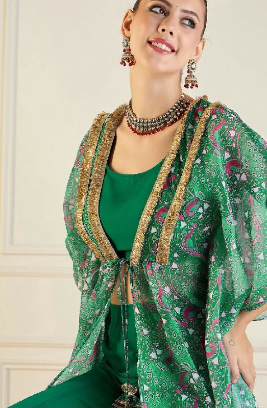Green crop top with palazzo and shrug 3pc set