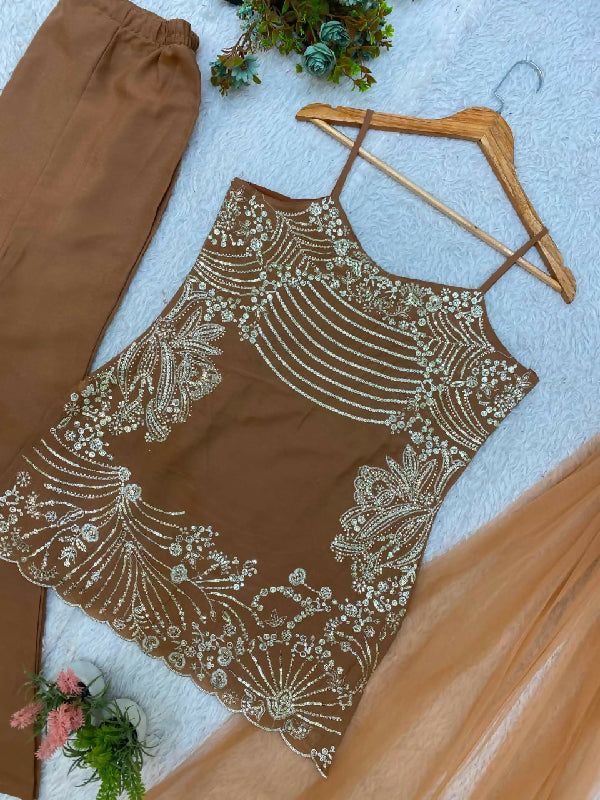 Brown spaghetti sleeveless kurta salwar set with dupatta