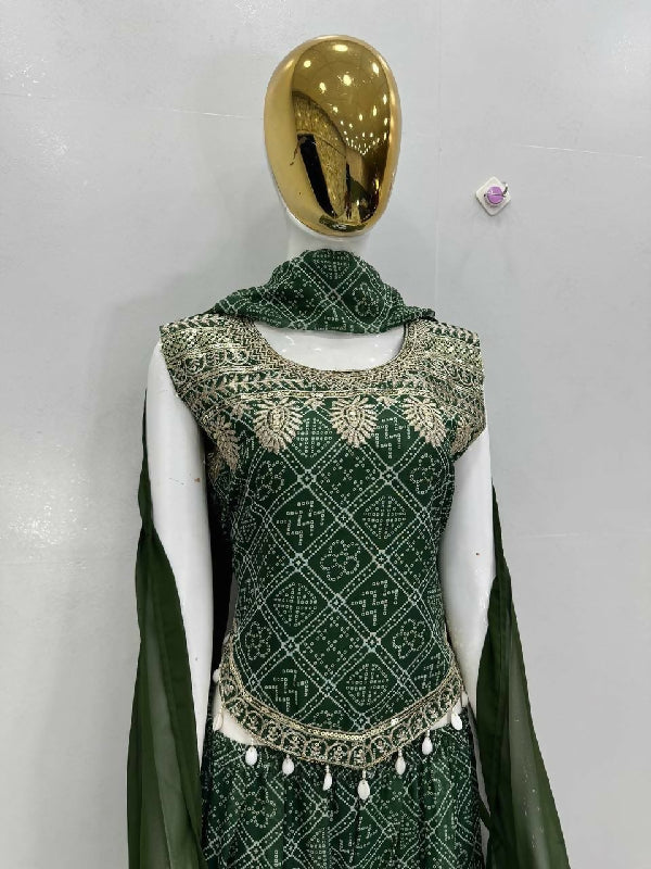 Green crop top with loose fit palazzo and dupatta set