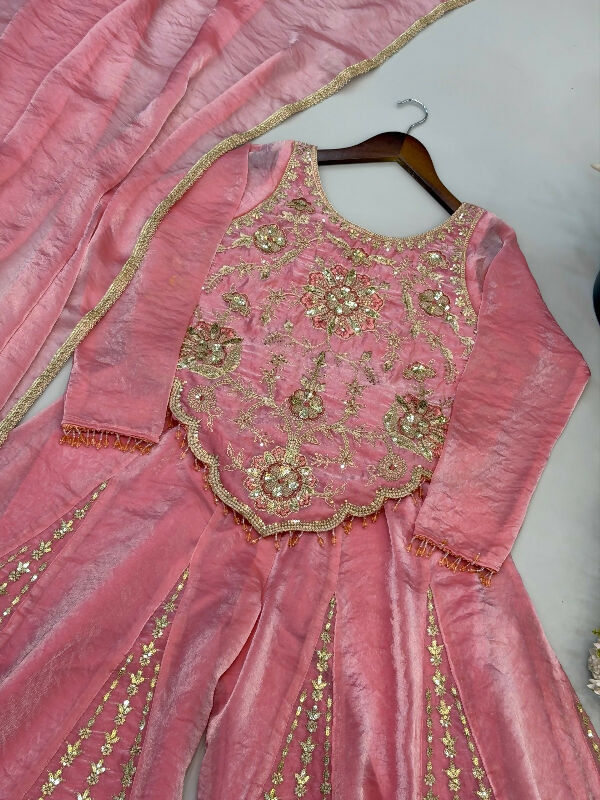 Pink crop top with flaired palazzo and dupatta 3pc set