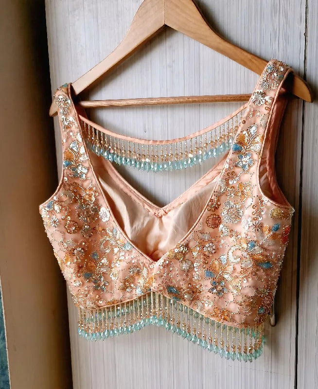 Peach Embroidered Net Blouse, Beads Fringes, Deep V Neck