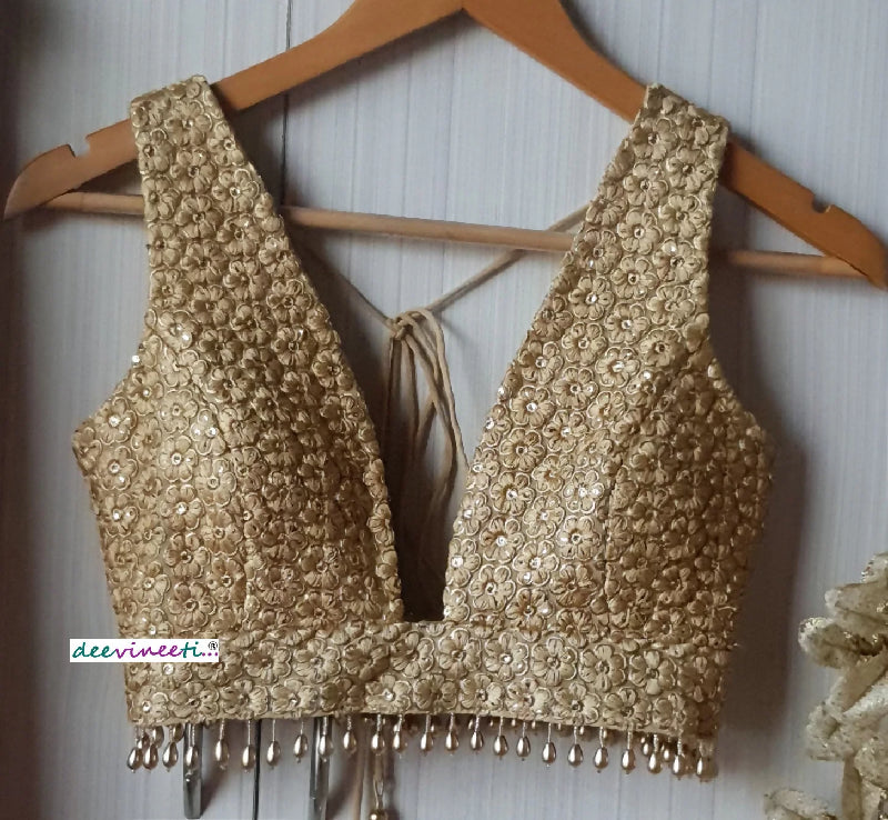 Embroidered Gold Georgette Saree Blouse, Plunge Neckline DVBL_139