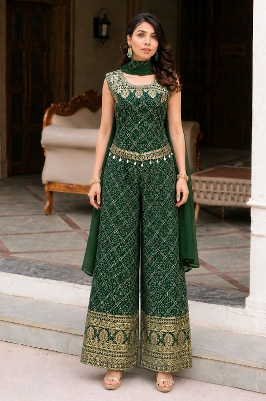 Green crop top with loose fit palazzo and dupatta set