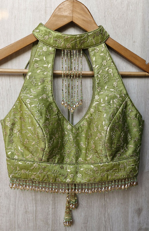 Green Embroidered Halter Neck Silk Blouse
