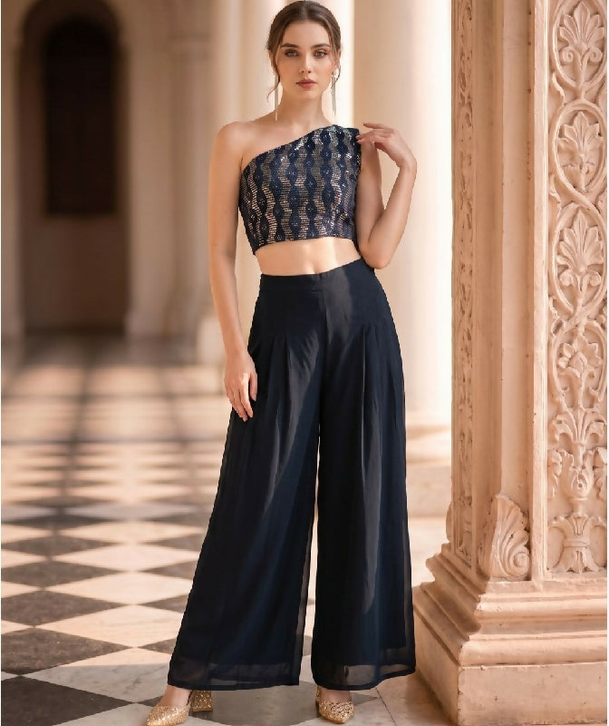 Blue indo western one shoulder top with palazzo