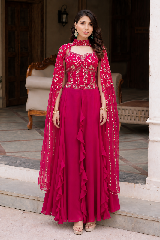 Pink indo western corset top with cape and lehenga skirt 3pc set