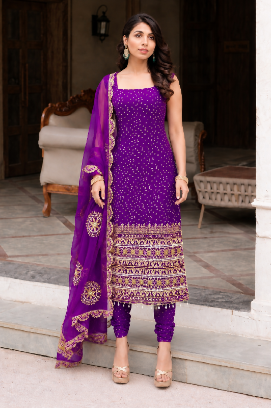 Purple sleeveless pearl work long kurti with pent and dupatta 3pc set