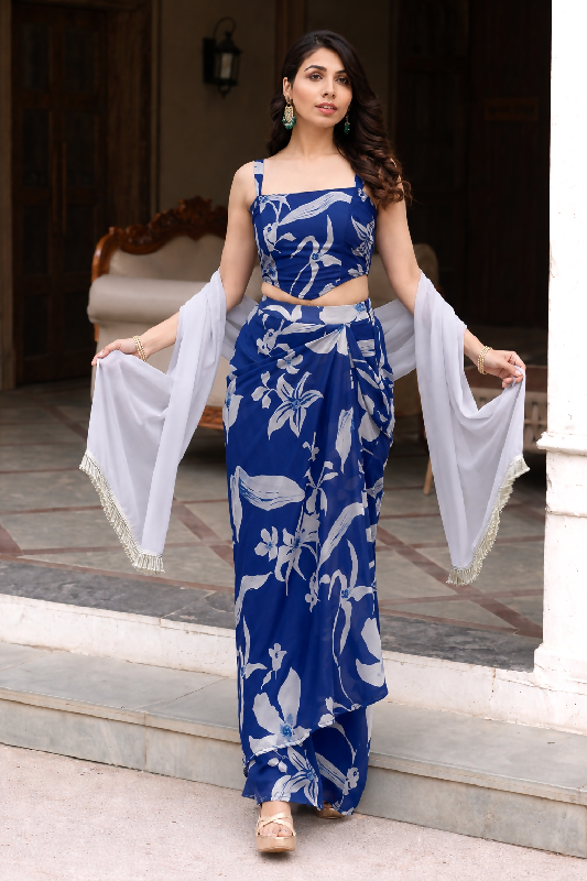 Blue floral corset top with dhoti and dupatta set