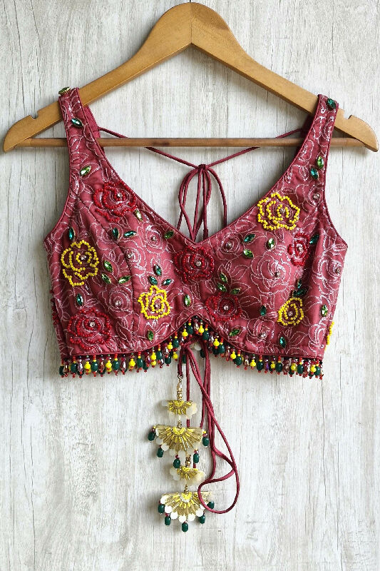 Hand Embroidered Dusty Rose Pink Organza Blouse Deep V Neck