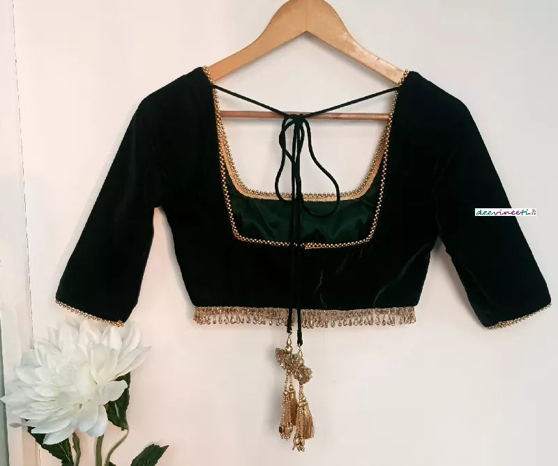 Dark Green Velvet Saree Lehenga Blouse Square Neck