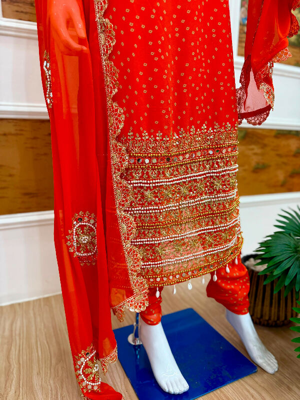 Purple sleeveless pearl work long kurti with pent and dupatta 3pc set