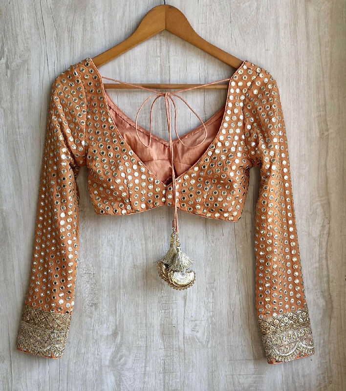 Embroidered Georgette Deep V Neck Blouse Long Sleeves