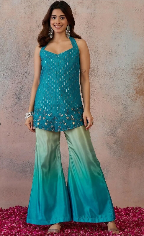 Blue front slit halter neck kurti with shaded sharara set