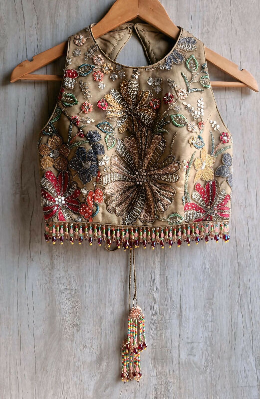 Earthy Taupe Embroidered Saree Blouse, Jewel Neck, Beads Fringes DVBL_488