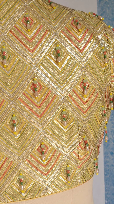 Embroidered Georgette Saree Blouse, V Neck Elbow Sleeves
