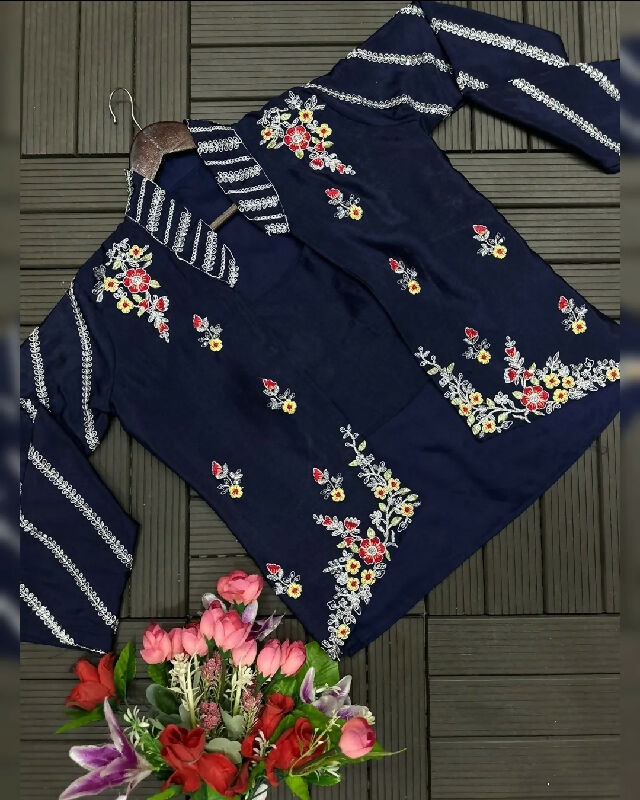 Blue indo western crop top with pent and jacket set