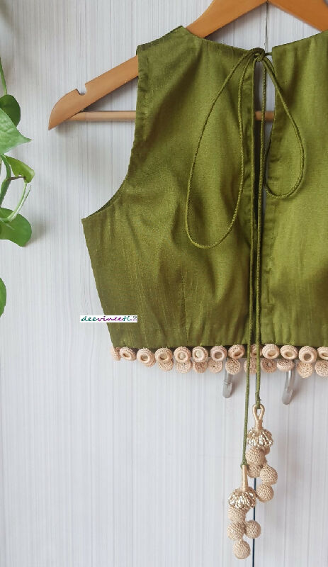 Olive Green Raw Silk Deep V Neck Blouse with Mirror Fringes