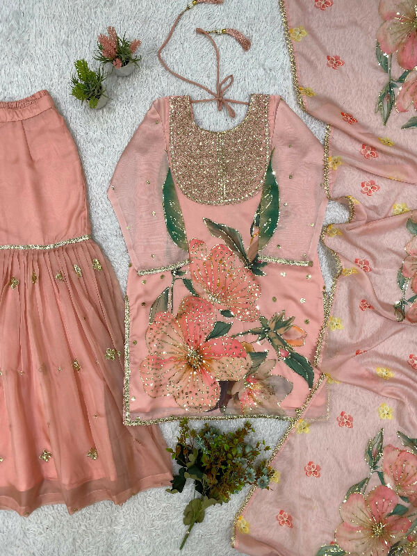 Pink indian punjabi kurti with sharara abd dupatta 3pc set