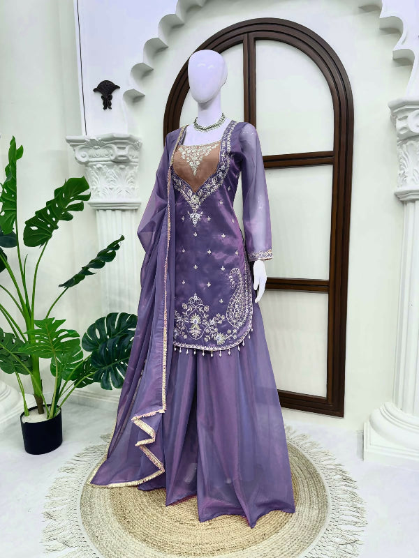 Purple silk choli u cut suit with palazzo and dupatta 3pc set