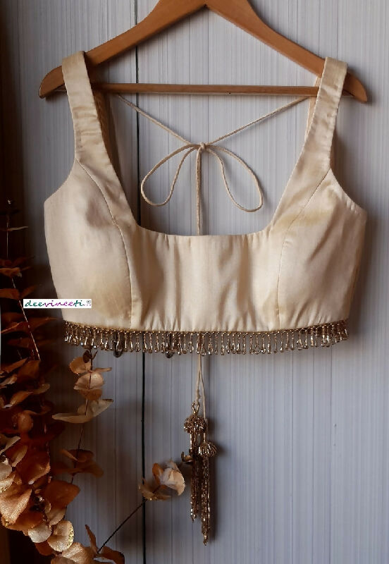 Light Gold Blended Raw Silk Deep Square Neck Blouse
