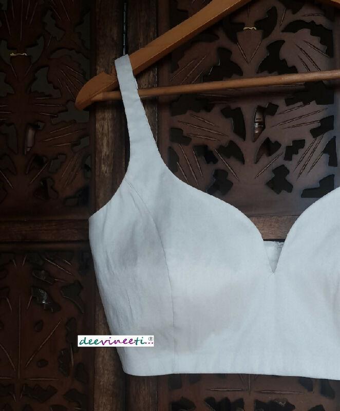 White Blended Raw Silk Sweetheart Neck Blouse