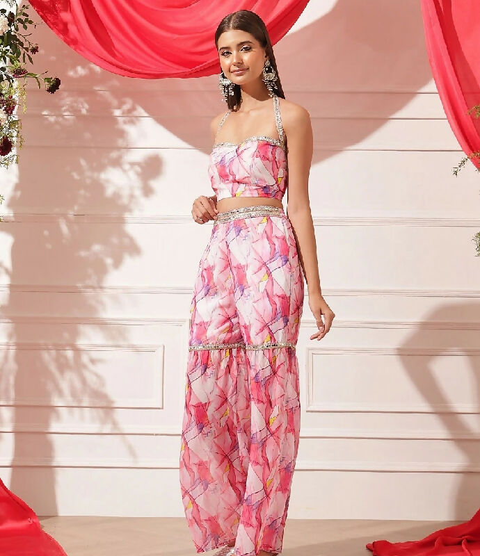 Pink indowestern halter neck corset top with sharara