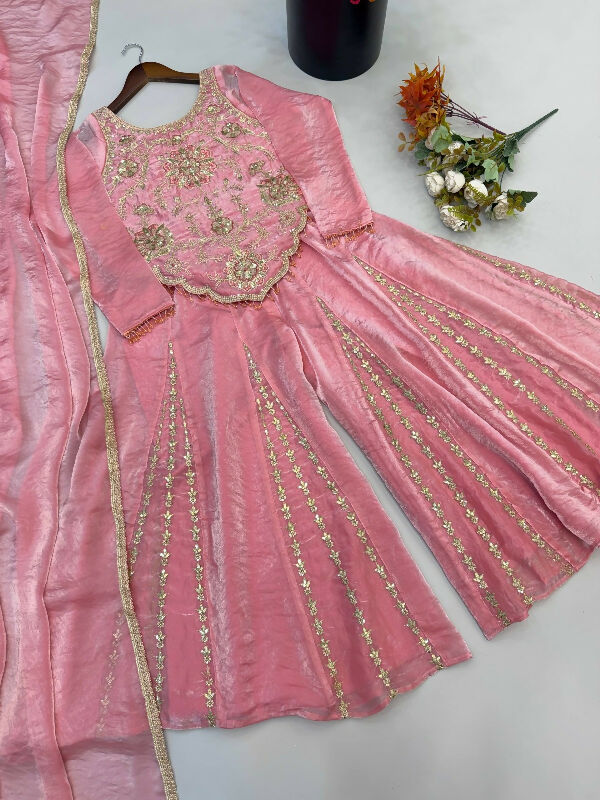 Pink crop top with flaired palazzo and dupatta 3pc set