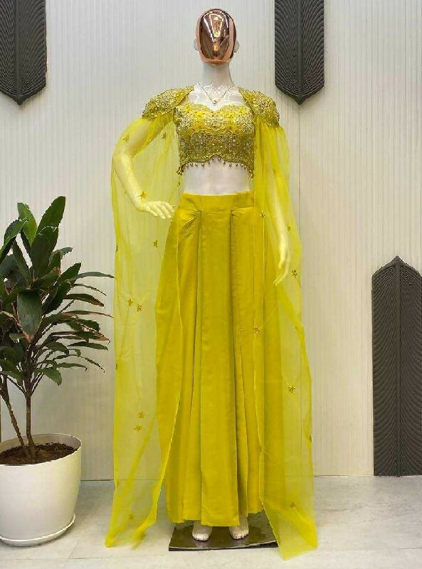 Yellow mirror work cape with dhoti skirt and top set