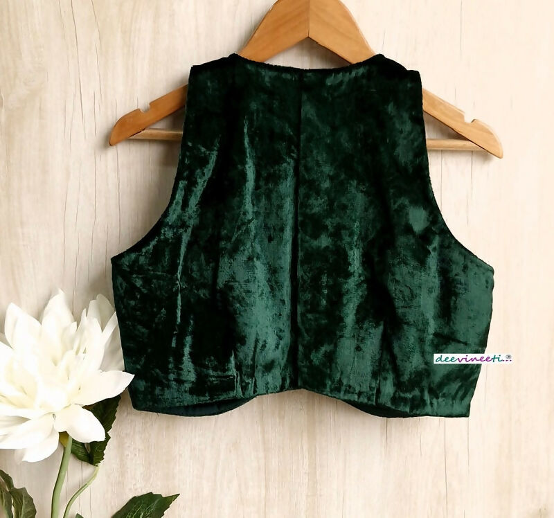 Bottle Green Viscose Velvet Saree Lehenga Blouse Jewel Neck