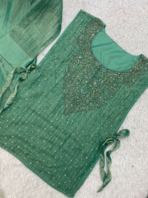 Green indo western crop top with short kurti and pent set