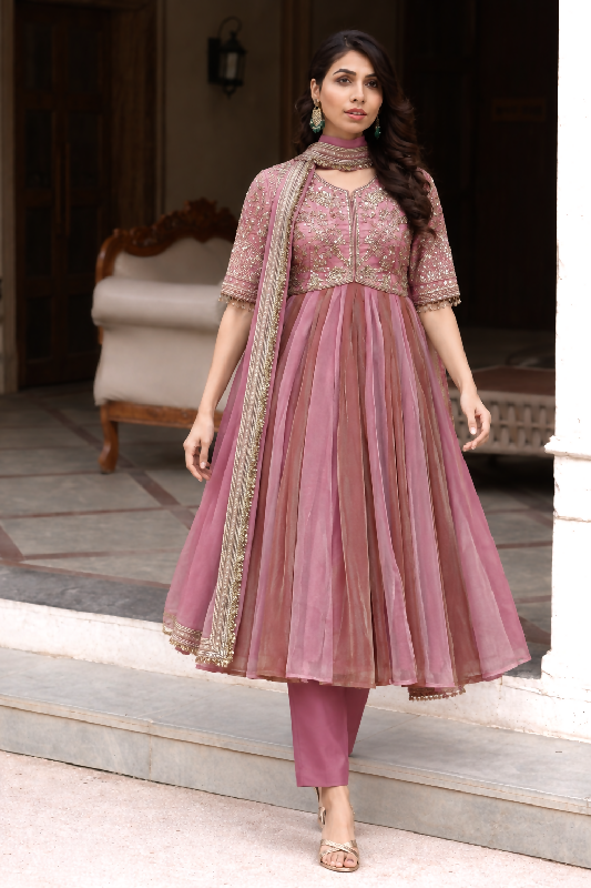 Pink pleated multicolored flaired anarkali suit with pent and dupatta 3pc set