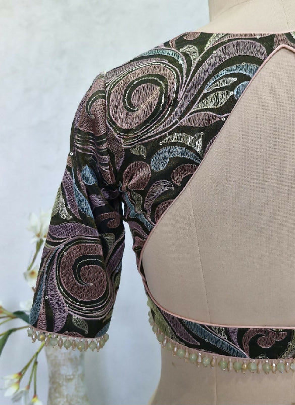 Deep Olive Green Embroidered Tissue Silk Saree Blouse, Elbow Sleeves