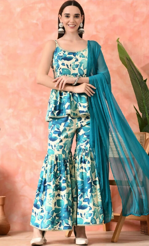 Blue spaghetti peplum top with sharara and dupatta set