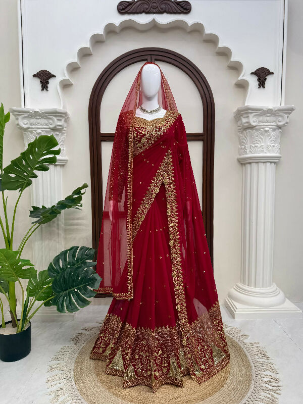 Red bridal 3pc heavy saree with blouse and dupatta set