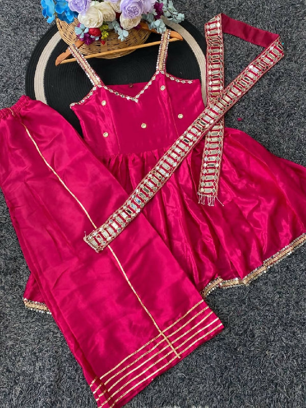 Pink v neck mirror work sleeveless kurta with palazzo and dupatta 3pc set