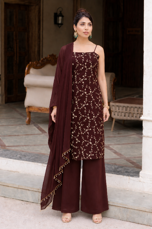 Brown spaghetti sleeveless indo western kurta with palazzo and dupatta 3pc set