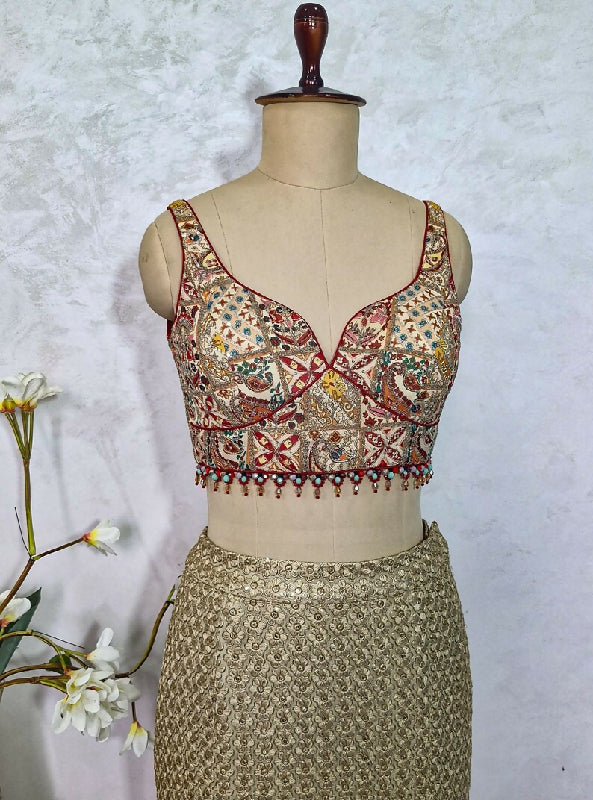 Embroidered Chinon Deep Sweetheart Neck Blouse